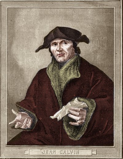 ranskalaisen uskonnonuudistajan ja kirjailijan Jean Calvinin (1509-1564) muotokuva. tekijältä French School