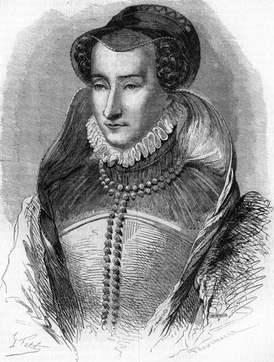 muotokuva Joan III:sta Albretista (1528 1572), kuningas Henrik IV:n äidistä ja Antoine de Bourbonin (1528-1572) vaimosta. Teoksessa "" Histoire Populaire de la France"", sd. noin 1885. Kaiverrus. tekijältä French School