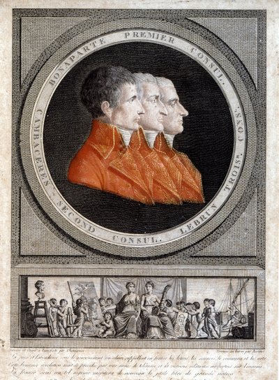 muotokuva kolmesta konsulista, Napoleon Bonaparte (1769-1821), Jean Jacques Regis (Jean-Jacques-Regis) de Cambaceres (1753-1824) ja Charles Francois Lebrun (1739-1824)” tekijältä French School