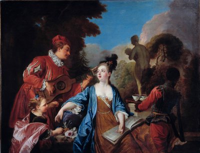 maistele sitä puistossa Aateliston nuorille nuori musta palvelija tarjoilee teetä puutarhassa. Ranskalaisen koulun maalaus. 1700-luvulla. Aurinko 1,71x1,32 m Rouen, musee des Beaux Arts tekijältä French School