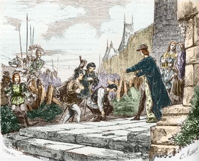 delfiini Louis (silloin Louis XI), Alenconin herttua Johannes II ja Bourbonin herttua Kaarle I pyytävät anteeksi kuningas Kaarle VII:ltä tekijältä French School