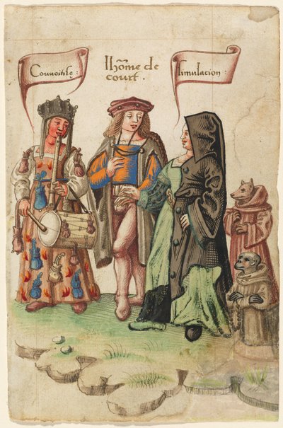 Hovimies, joka seisoo ahneuden ja harhaanjohtamisen välissä [fol. 14 recto] tekijältä French early 16th Century