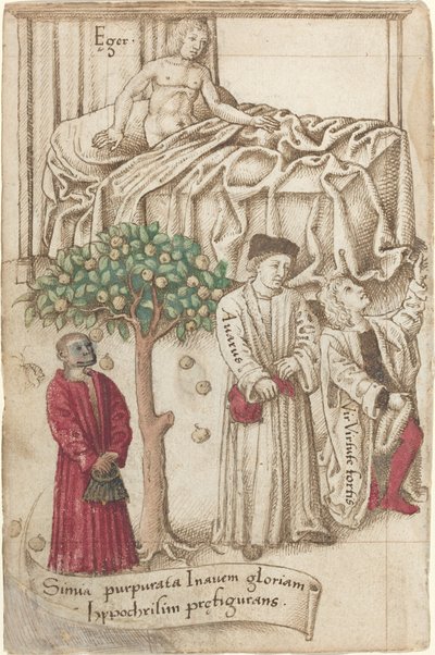 Apina purppurassa sairaan miehen, hyvän miehen ja kurjan kanssa [fol. 36 versio] tekijältä French early 16th Century