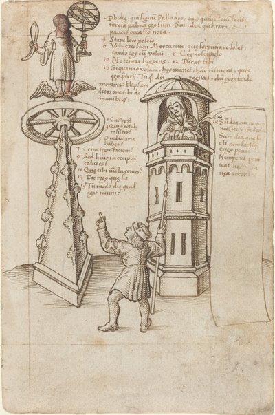 Mahdollisuuden patsas, ohikulkija ja katuminen [fol. 8r] tekijältä French early 16th Century