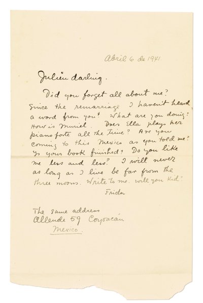 Allekirjoitettu omakätinen kirje ("Frida") Julien [Levylle], Coyoacán, 6. huhtikuuta 1941 (tussi ja muste paperilla). tekijältä Frida Kahlo