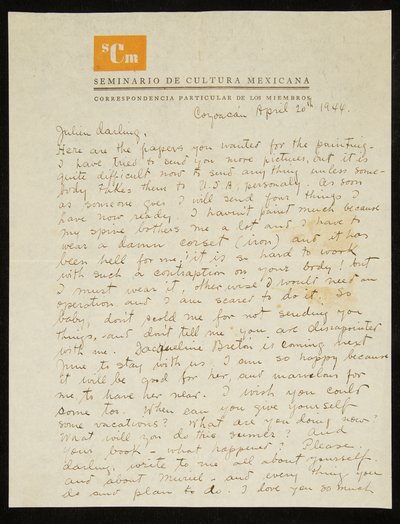 Frida Kahlon englanninkielinen kirje Julien Levylle, 20. huhtikuuta 1944 (tussi ja muste paperille). tekijältä Frida Kahlo