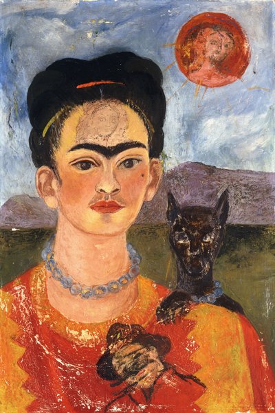 Omakuva Diego rintakehälläni; Autoretrato con Diego en mi Pecho, n.1953-54 (öljy matsoniitille). tekijältä Frida Kahlo