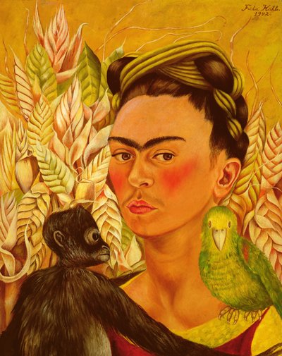 Omakuva apinan ja papukaijan kanssa tekijältä Frida Kahlo