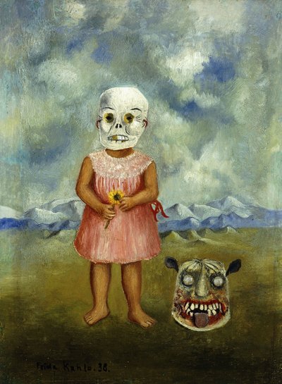 She Plays Alone tai Girl with Death Mask; Ella Juega Sola tai Nina with Mascara de la Muerte (Nina ja Mascara de la Muerte). tekijältä Frida Kahlo