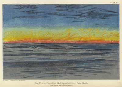 Hiipuva napapäivä, 22. syyskuuta 1893, pastellisketsi (väri litho) tekijältä Fridtjof Nansen