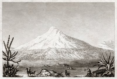 Chimborazon tulivuori. (kaiverrus, n. 1840) tekijältä Friedrich Alexander Baron von (after) Humboldt