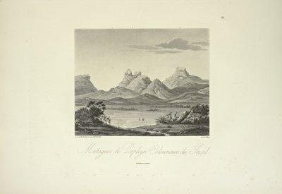 Columnar Porphyryn vuoret, Jacal, piirtänyt Marchais, kaivertanut Bouquet, kuvitus Alexander von Humboldtin ja Aime Bonplandin teoksesta "Näkymät Cordilleraille ja Amerikan alkuperäiskansojen monumenteille" tekijältä Friedrich Alexander Baron von (after) Humboldt