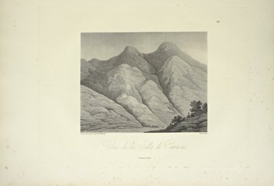 Näkymä Silla de Caracasista, piirtänyt Marchais, kaivertanut Bouquet, kuvitus Alexander von Humboldtin ja Aime Bonplandin teoksesta "Näkymät Cordilleraille ja Amerikan alkuperäiskansojen monumenteille" tekijältä Friedrich Alexander Baron von (after) Humboldt