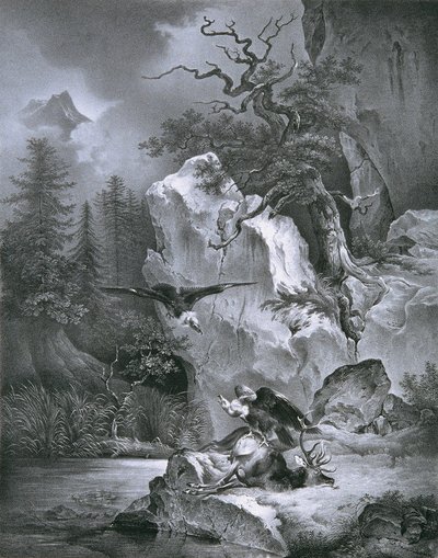 Korppikotka kuolleiden peurojen kanssa tekijältä Friedrich August Mathias Gauermann