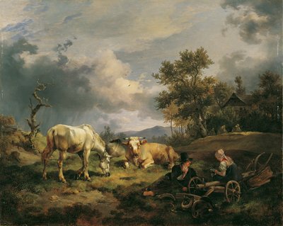 Nuori talonpoikapari lepää pellolla tekijältä Friedrich August Mathias Gauermann