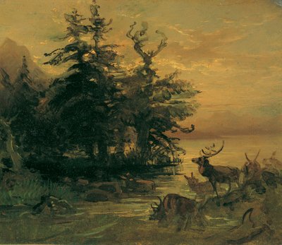 Aaltoileva peuroja vuoristojärven rannalla tekijältä Friedrich August Mathias Gauermann