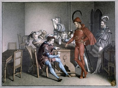 Faust, viinin ihme. vuoden 1816 jälkeen (värikaiverrus). tekijältä Friedrich August Moritz Retzsch