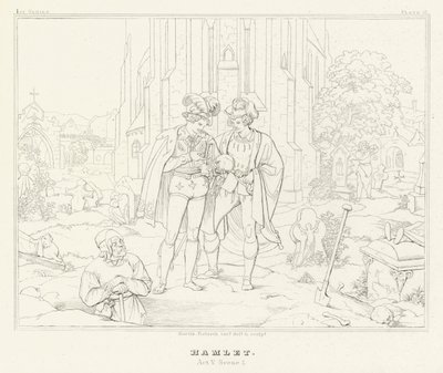 Hamlet, V näytös, kohtaus 1 (kaiverrus) tekijältä Friedrich August Moritz Retzsch