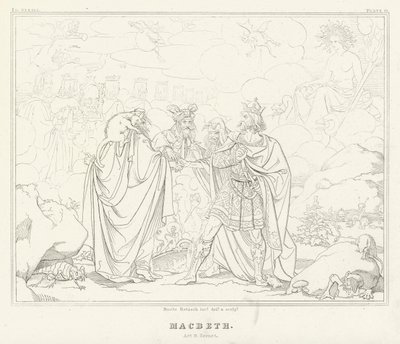 Macbeth, näytös IV, kohtaus 1 (kaiverrus) tekijältä Friedrich August Moritz Retzsch