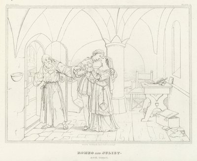 Romeo ja Julia, näytös II, kohtaus 6 (kaiverrus) tekijältä Friedrich August Moritz Retzsch