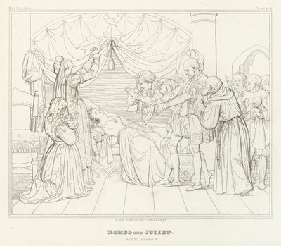 Romeo ja Julia, näytös IV, kohtaus 5 (kaiverrus) tekijältä Friedrich August Moritz Retzsch