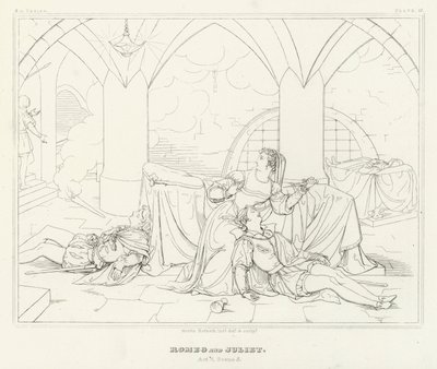 Romeo ja Julia, V näytös, kohtaus 3 (kaiverrus) tekijältä Friedrich August Moritz Retzsch