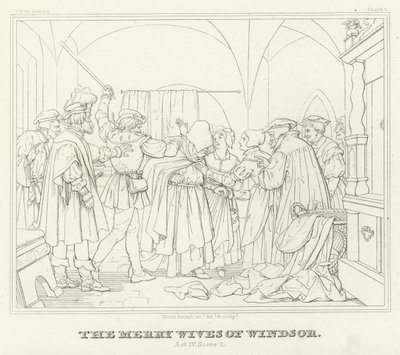 Windsorin iloiset vaimot, näytös IV, kohtaus 2 (kaiverrus) tekijältä Friedrich August Moritz Retzsch