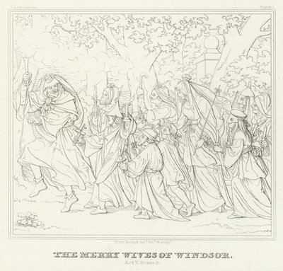 Windsorin iloiset vaimot, näytös V, kohtaus 3 (kaiverrus) tekijältä Friedrich August Moritz Retzsch