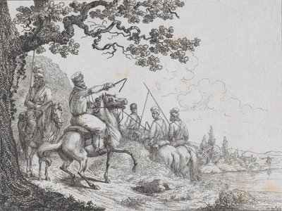 Kasakat ratsastamassa joen rantaa pitkin, 1814. tekijältä Friedrich August de La Belle