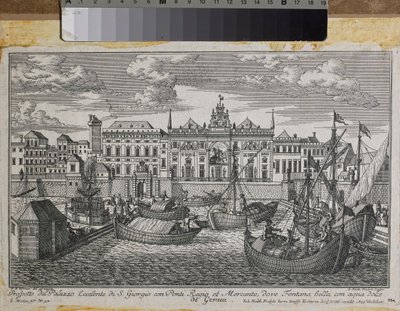 Genovan suunnitelma, jossa on kuninkaallinen silta, Mercanzian uusi silta ja Pyhän Yrjön palatsi mereltä katsottuna, n. 1750 (kaiverrus) tekijältä Friedrich Bernhard Werner
