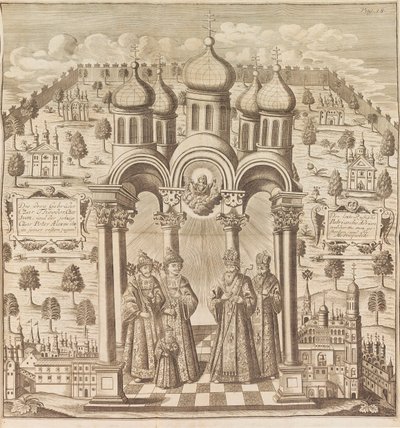 Feodor III, Pietari I, Ivan V ja patriarkka Adrian I. Das veraenderte Russlandista..., 1721. tekijältä Friedrich Christian Weber