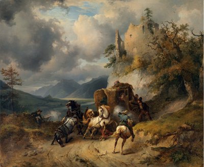 The Robbery par Gauermann, Friedrich August Matthias (1807-1862). Öljy kankaalle, koko: 60,5x74 tekijältä Friedrich Gauermann