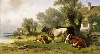 Karja pihalla joen varrella kalastajan kanssa, 1881 tekijältä Friedrich Johann Voltz