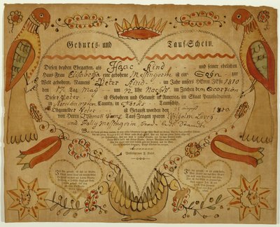 Syntymä- ja kastetodistus, n. 1790-1800 (oxgall-muste, akvarelli ja kaiverrus paperille) tekijältä Friedrich Krebs