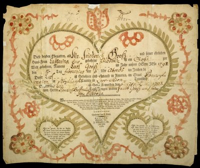 Syntymä- ja kastetodistus, n. 1800 (oxgall-muste, akvarelli ja kaiverrus paperille) tekijältä Friedrich Krebs