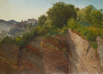 Näkymä Hohensalzburgin linnoitukselle Salzburgin Mönchsbergistä tekijältä Friedrich Loos
