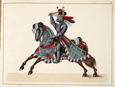 Ritari turnauksessa, lautanen tohtori Franz Kottenkampin kirjasta "A History of the Development and Customs of Chivalry", julkaisija Carl Hoffmann, 1842 tekijältä Friedrich Martin von Reibisch