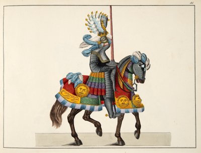 Ritari matkalla turnaukseen, lautanen tohtori Franz Kottenkampin kirjasta "A History of the Development and Customs of Chivalry", julkaisija Carl Hoffmann, 1842 tekijältä Friedrich Martin von Reibisch