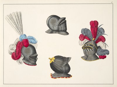 Kypärät, kuva teoksesta "A History of the Development and Customs of Chivalry", kirjoittanut tohtori Franz Kottenkamp, julkaissut Carl Hoffmann, 1842. tekijältä Friedrich Martin von Reibisch