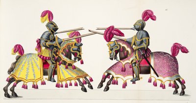 Kaksi ritaria turnauksessa, lautanen tohtori Franz Kottenkampin kirjasta "A History of the Development and Customs of Chivalry", julkaisija Carl Hoffmann, 1842 tekijältä Friedrich Martin von Reibisch