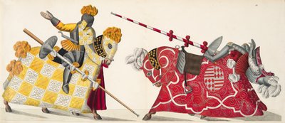 Kaksi ritaria turnauksessa, lautanen tohtori Franz Kottenkampin kirjasta "A History of the Development and Customs of Chivalry", julkaisija Carl Hoffmann, 1842 tekijältä Friedrich Martin von Reibisch