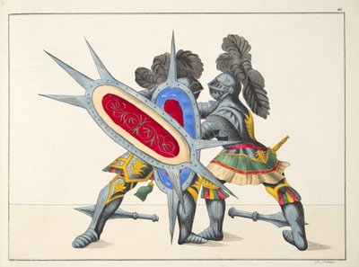 Kaksi ritaria taistelevat, lautanen tohtori Franz Kottenkampin "Ritarikunnan kehityksen ja tapojen historiasta", julkaisija Carl Hoffmann, 1842 tekijältä Friedrich Martin von Reibisch