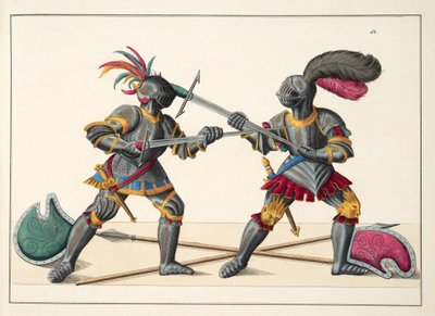 Kaksi ritaria taistelevat, lautanen tohtori Franz Kottenkampin "Ritarikunnan kehityksen ja tapojen historiasta", julkaisija Carl Hoffmann, 1842 tekijältä Friedrich Martin von Reibisch
