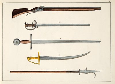 Aseet, mukaan lukien miekat ja keihäät, n. 1400, levy julkaisusta A History of the Development and Customs of Chivalry, kirjoittanut tohtori Franz Kottenkamp, julkaissut Carl Hoffmann, 1842 tekijältä Friedrich Martin von Reibisch