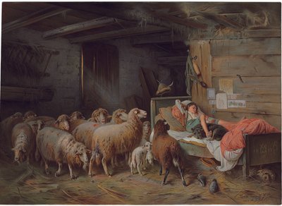 Kiltti, joka kuvaa paimenta nukkumassa koiransa kanssa, valvomaton lauma hänen vierellään, 1800-luvun loppu - 1900-luvun alku tekijältä Friedrich Otto Gebler