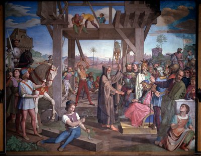 Ensimmäinen ristiretki: Valmistelut Jerusalemin hyökkäykseen. Edustus Godefroy de Bouillonista, joka istuu Pietari Erakon edessä - Fresco tekijältä Friedrich Overbeck