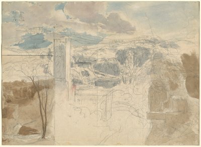 Linnoitetun tornin rauniot metsäisten kukkuloiden keskellä [recto] tekijältä Friedrich Salathé