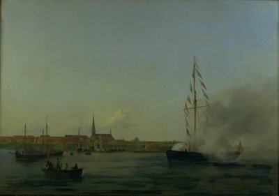 Nyborgin satama. Etualalla leikkuri "Neptune" tekijältä Friedrich Theodore Kloss