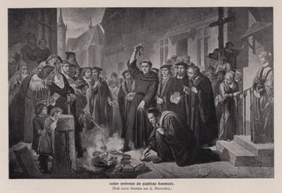 Martin Luther polttaa paavin bullan Wittenbergissä, Saksassa tekijältä Friedrich Wilhelm Heinrich Martersteig
