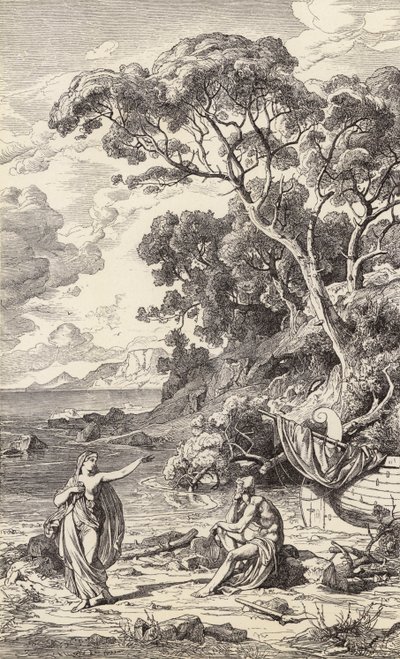 Odysseus ja Kalypso (kaiverrus) tekijältä Friedrich the Elder Preller